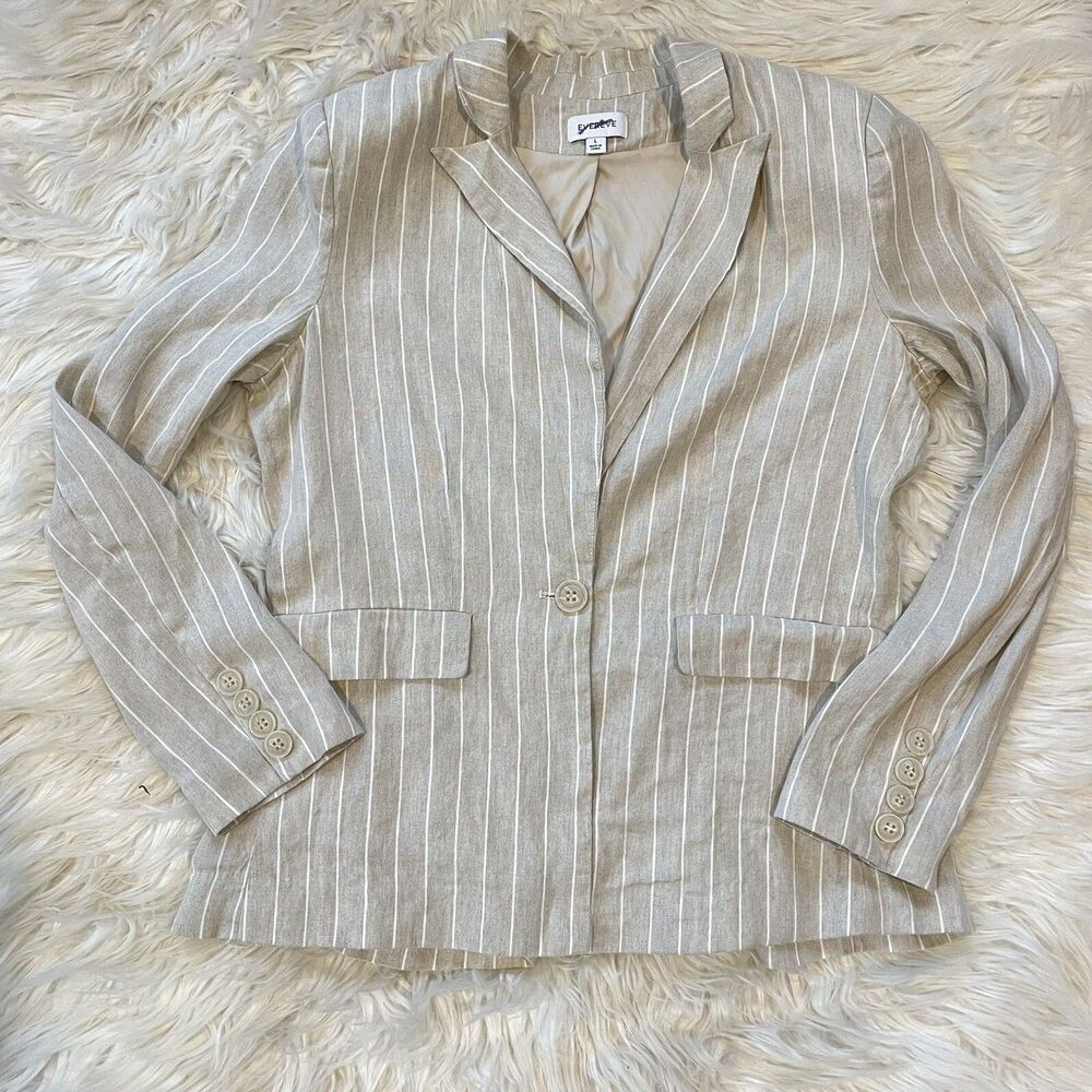 Evereve Clarkson Blazer Womens Large Linen Tan Pinstripe Office Academia Preppy